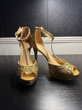 Gold T-Strap Platform Heels - Women